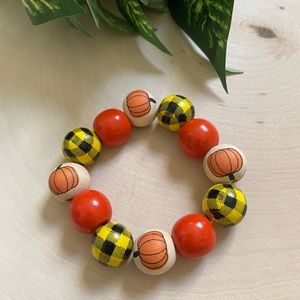 Fall Theme Yellow Buffalo Plaid Wood Beaded Bracelet